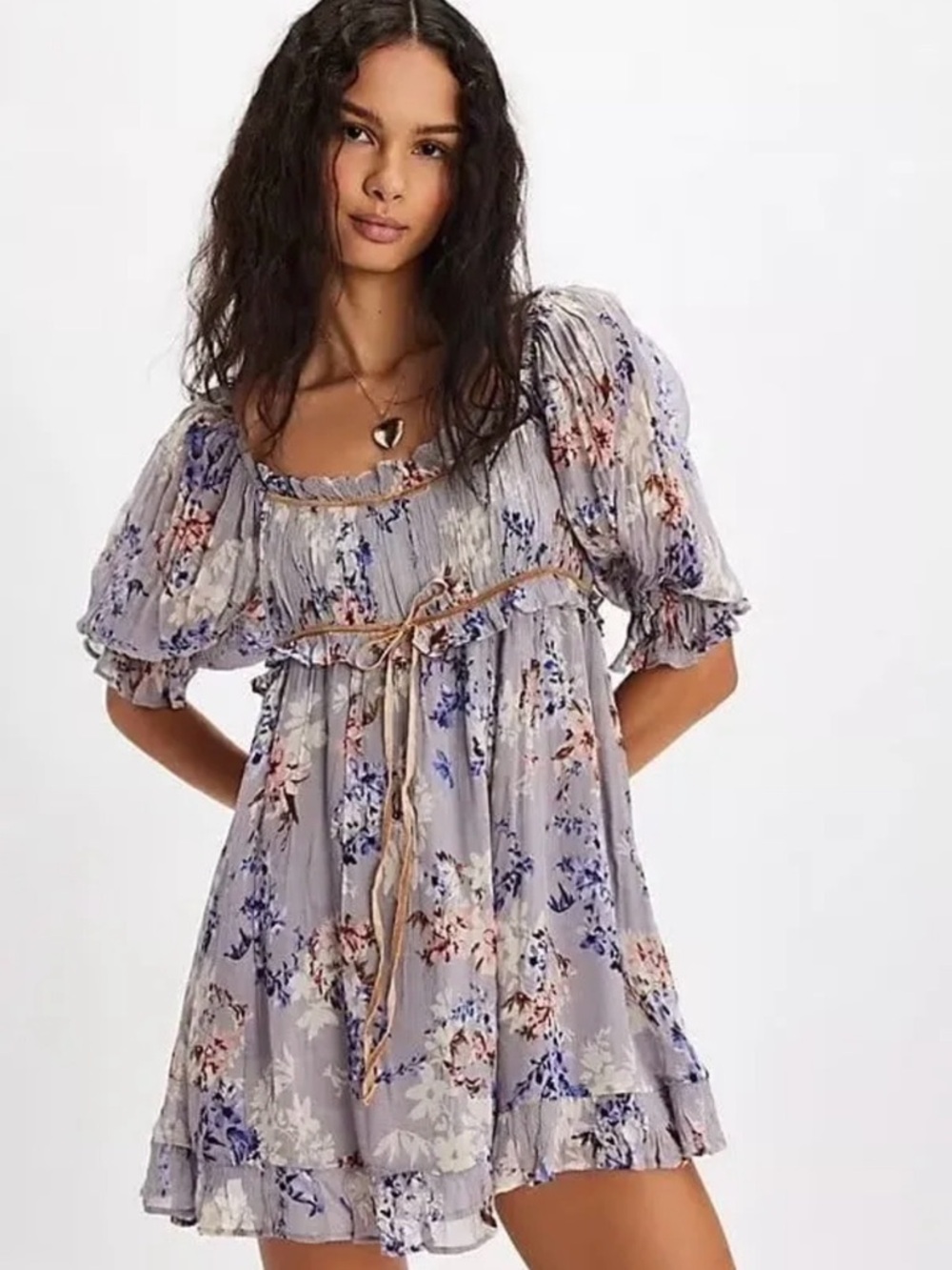 NWT Free People Lavender Floral Puff-Sleeve Mini Dress XS